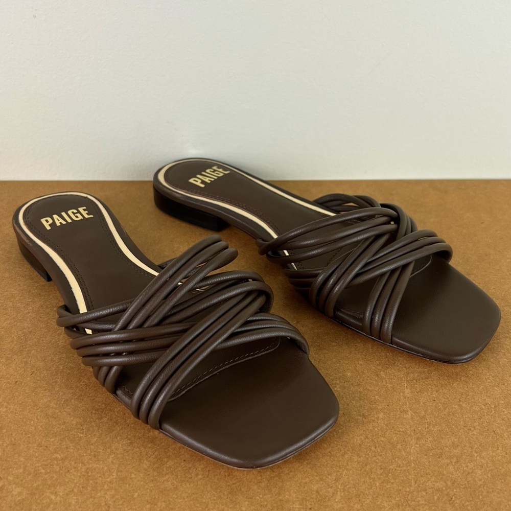 NEW PAIGE BROWN LEATHER FLAT SANDALS - Picture 2 of 13
